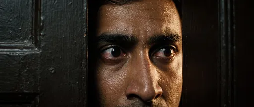 Terrified Man Peering Through Doorway Gap