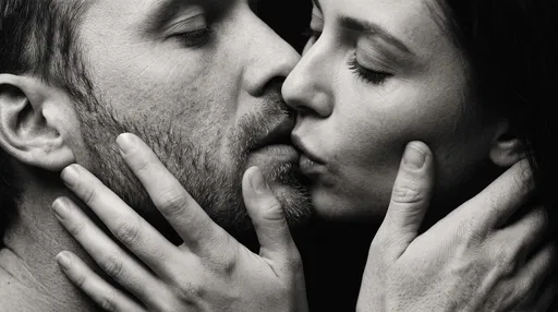 Monochrome Close-Up of Couple Kissing