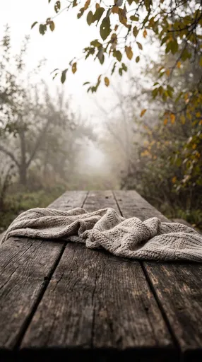Knitted Blanket on Rustic Table in Fog