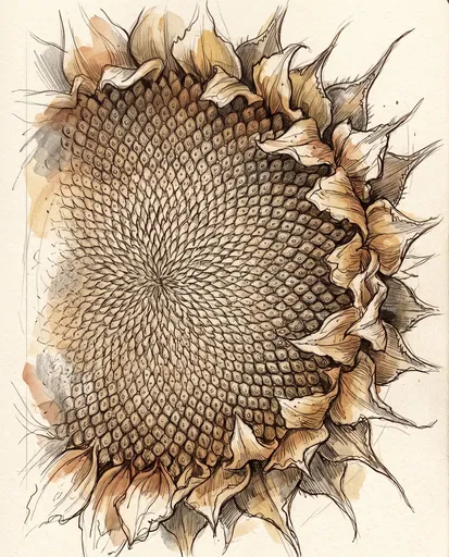 Sepia Ink Sketch of Sunflower Head