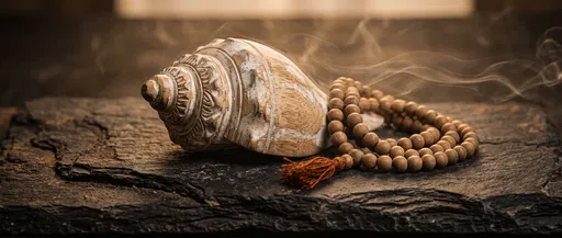 Carved Wooden Conch Shell and Mala Beads