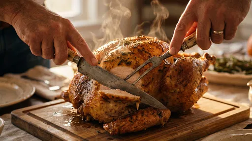 Hands Carving Roasted Thanksgiving Turkey