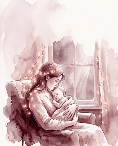 Watercolor Mother Cradling Sleeping Baby by Window
