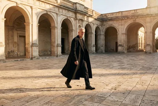 Older Man Walking in Stone Courtyard