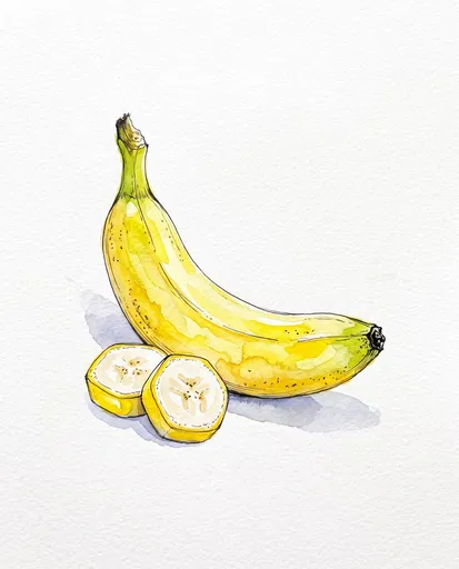 Watercolor Banana and Two Slices Illustration