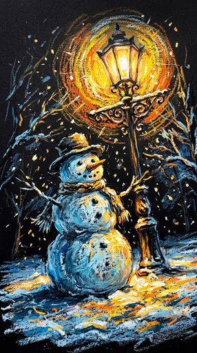 Oil Pastel Snowman Under Streetlamp