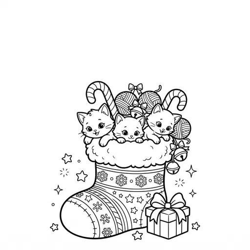 Kittens in Christmas Stocking Coloring Page