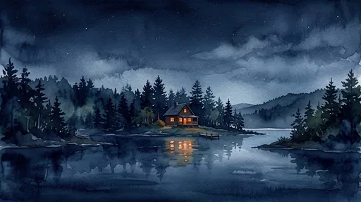 Watercolor Night Cabin by Calm Lake