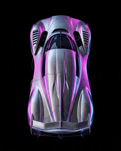 Top-Down Brushed Aluminum Hypercar With Neon Reflections