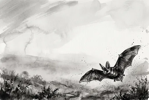 Ink Drawing of Bat Over Misty Moor