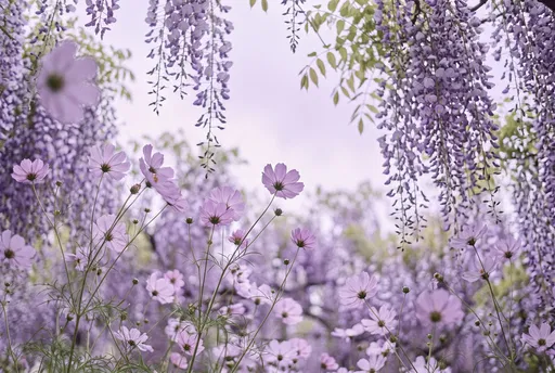 Lilac Cosmos and Cascading Wisteria Blooms