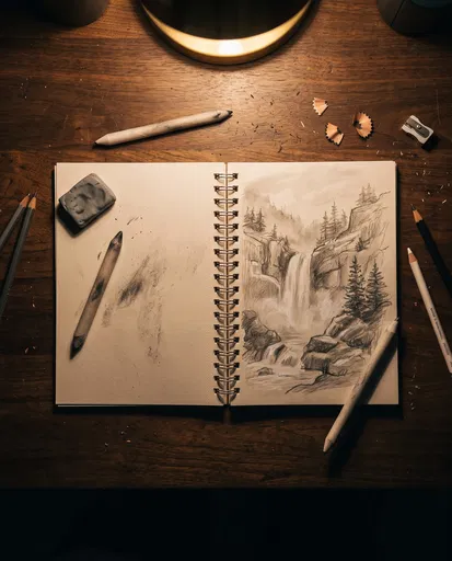 Overhead View of Waterfall Sketchbook on Desk