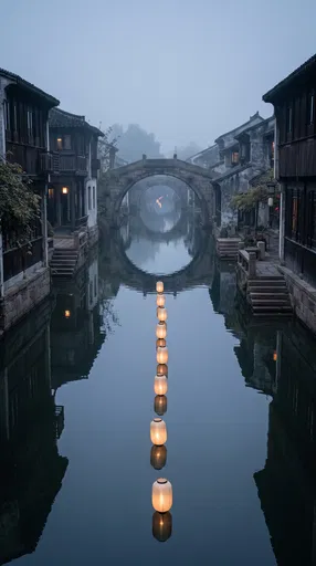 Glowing Lanterns on Misty Ancient Canal
