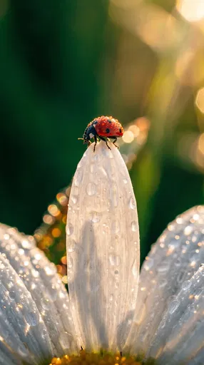Ladybug on Dewy White Daisy Petal