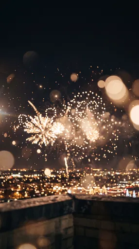 Golden Fireworks Over Nighttime Rooftop Ledge
