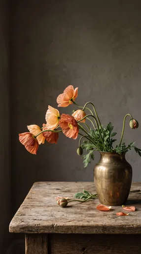 Terracotta Poppies in Brass Vase Still Life
