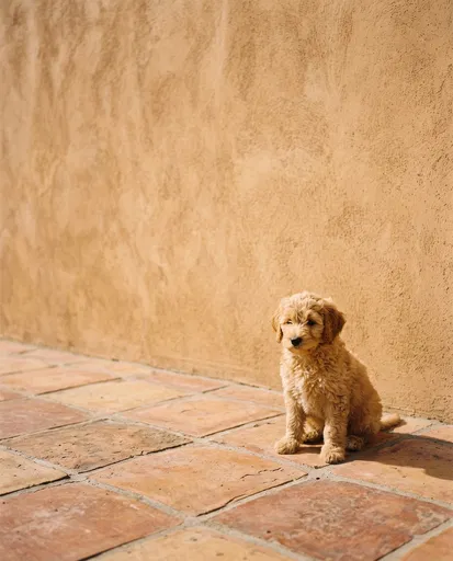 Golden Labradoodle Puppy on Terracotta Tiles