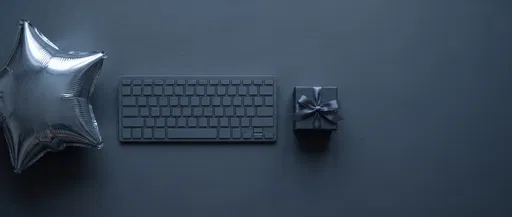 Minimalist Gray Desk With Gift And Balloon