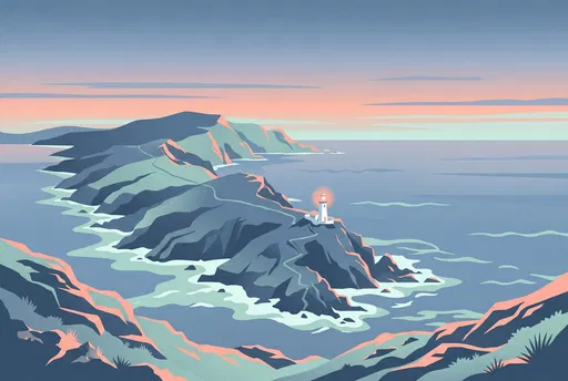 Minimalist Coastal Peninsula and Lighthouse Illustration