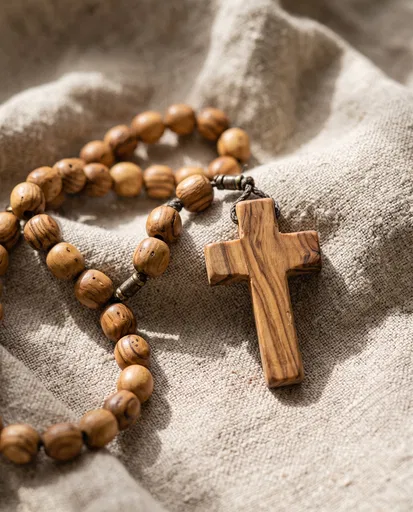Wooden Rosary and Cross on Linen