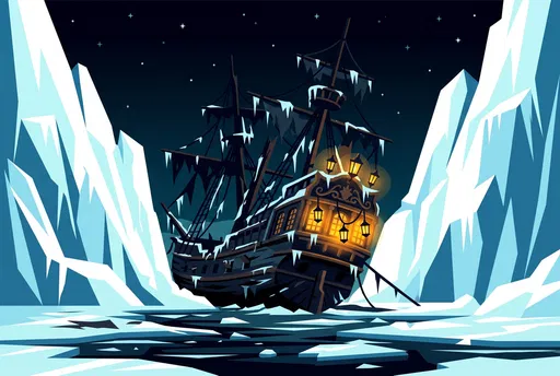 Frozen Pirate Shipwreck Between Jagged Icebergs
