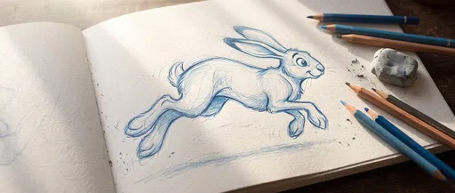 Blue Pencil Sketch of Leaping Hare
