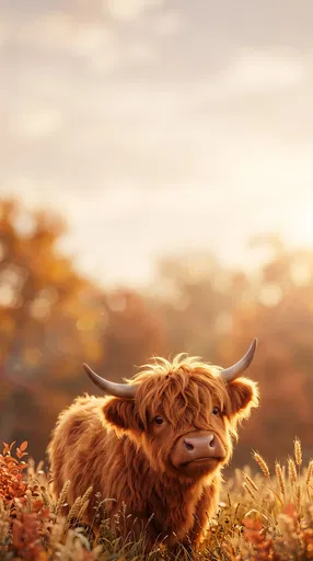 Fluffy Highland Cow in Autumn Meadow