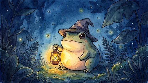 Watercolor Frog with Lantern at Night