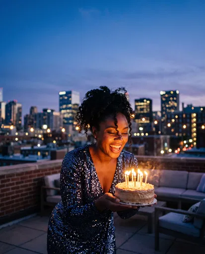 Woman Holding Birthday Cake on Rooftop