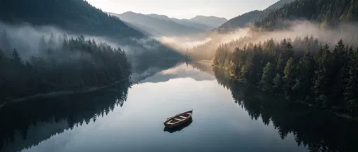 Wooden Rowboat on Misty Alpine Lake