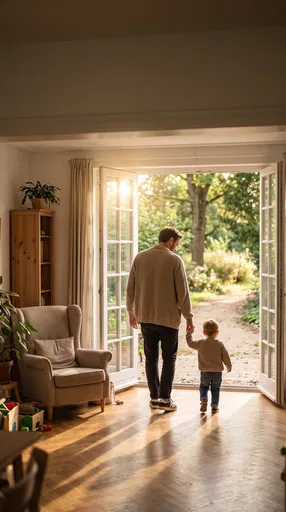 Father and Toddler Walking Toward Garden