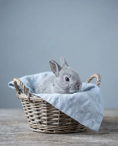 Gray Baby Bunny in Woven Basket