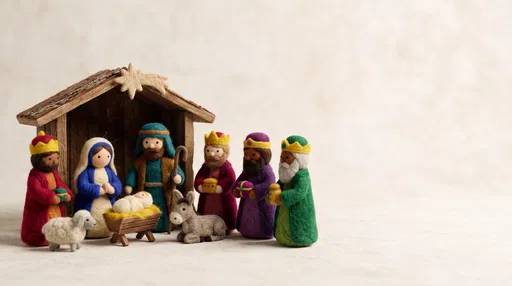 Needle-Felted Christmas Nativity Set with Copy Space