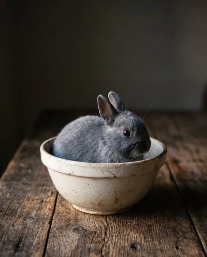 Grey Bunny in Vintage Ceramic Bowl