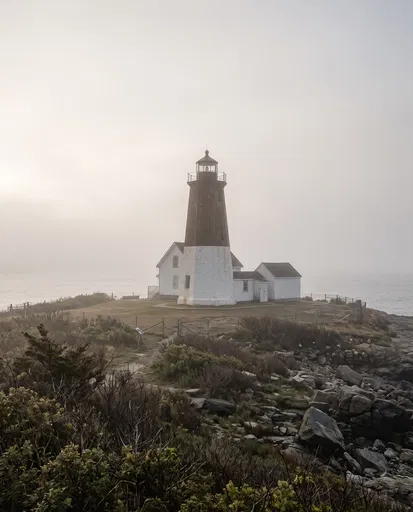Foggy Coastal Lighthouse on Rocky Headland