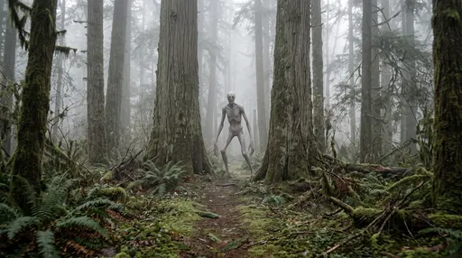 Pale Cryptid Creature in Foggy Forest