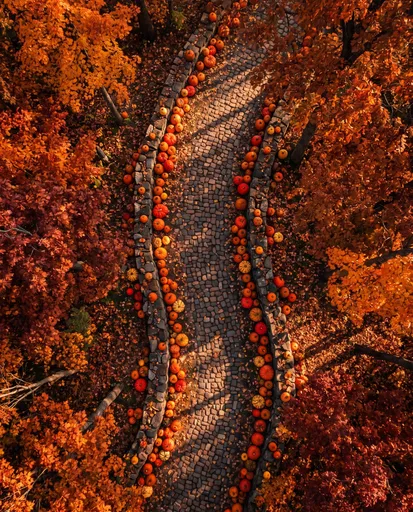Aerial View of Autumn Pumpkin Path