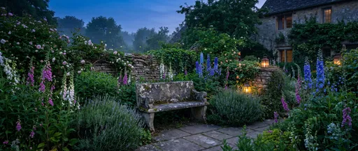 English Cottage Garden Bench at Twilight