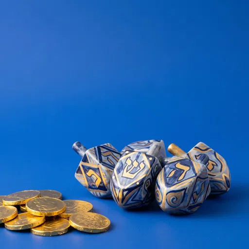 Ceramic Dreidels and Gold Coins on Blue