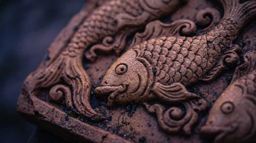 Weathered Terracotta Fish Bas-Relief Tile Macro