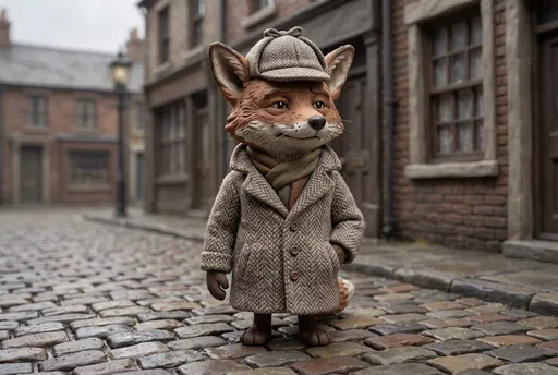 Claymation Detective Fox on Cobblestone Street