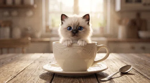 Fluffy Kitten Inside Ceramic Teacup