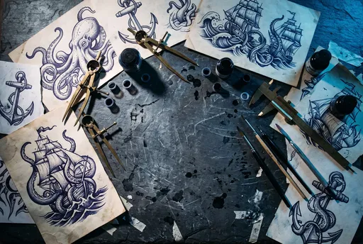 Nautical Kraken Tattoo Flash on Slate
