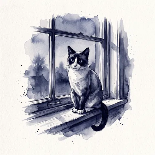 Indigo Watercolor Snowshoe Cat on Windowsill