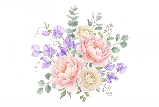 Pastel Watercolor Peony and Sweet Pea Bouquet