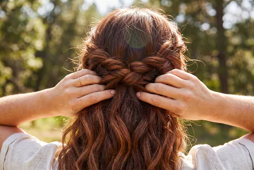 Woman Braiding Chestnut Brown Hair Outdoors