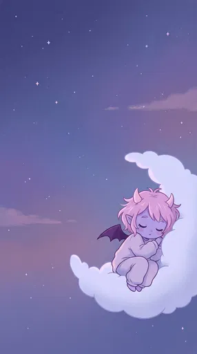 Sleepy Chibi Devil on Crescent Cloud