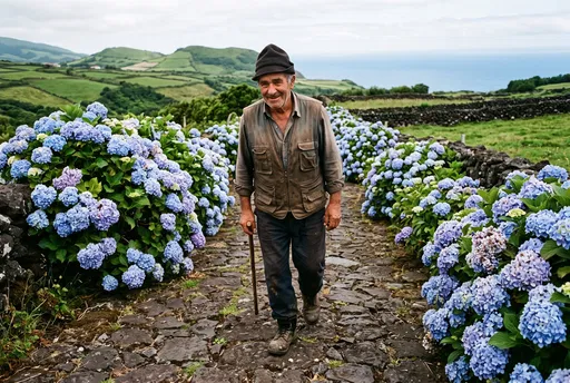 Elderly Farmer Walking Hydrangea Path in Azores