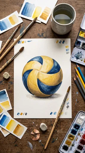 Watercolor Volleyball Illustration on Artist Desk