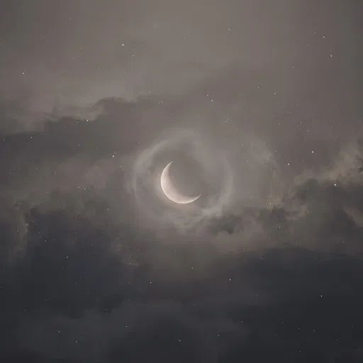 Crescent Moon in Misty Night Sky